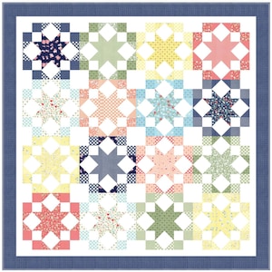 Könnte beinhalten: Ein quadratischer Quilt mit einem Rastermuster aus sechzehn Acht-Zacken-Sternblöcken. Jeder Sternblock zeigt verschiedene Blumen-, Punkte- und Karomuster in Marineblau, Rosa, Gelb, Grün und Hellblau, umrahmt von einer dunkelblauen Bordüre.