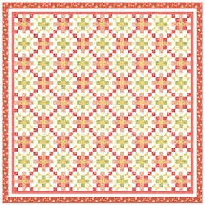 May include: A colorful quilt with a repeating pattern of red, yellow, and green floral designs on a white background. The quilt has a red floral border and a white inner border. The quilt is square in shape.