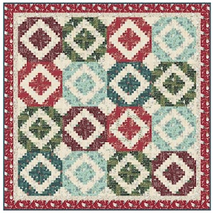 May include: A quilt with a patchwork design featuring a repeating pattern of red, white and green squares. The quilt is made up of nine squares, each with a different pattern.
