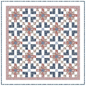 May include: A square quilt featuring a repeating pattern of blue and red floral blocks on a white backdrop. It has a red floral border and a white border. The design is symmetrical and visually pleasing, suitable for a bed or sofa.