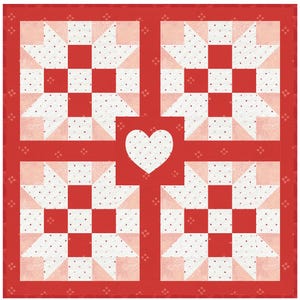 May include: A red and white quilt with a heart in the center. The quilt is made up of four squares, each with a star design. The heart is white with red polka dots.