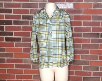 VTG Green and Yellow Plaid Button Up // Womens Blouse // Collared Shirt // Dress Shirt