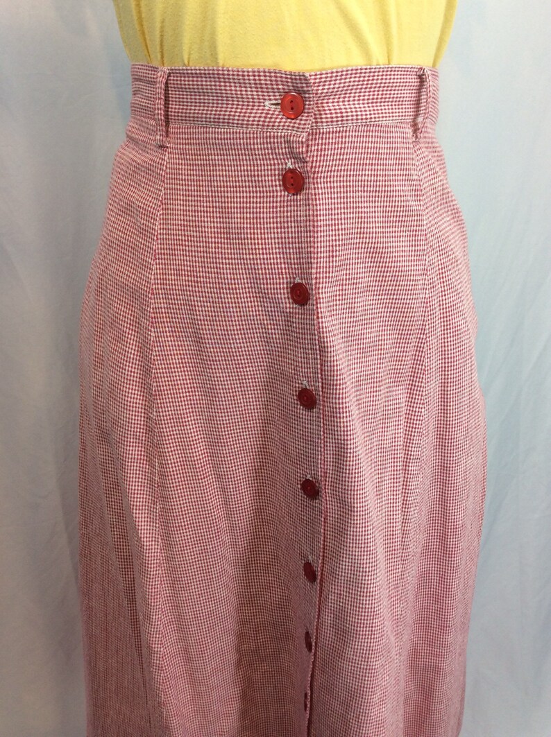 Size 12 The Villager Vintage Button Up Red Gingham Midi Skirt with Pockets