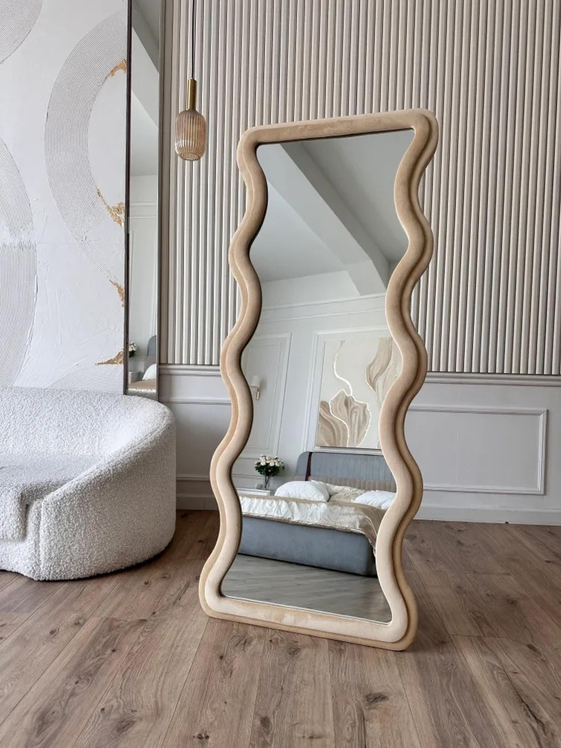 Full-Length Wavy Mirror with Fabric Frame – 27.5 x 66.9 inch