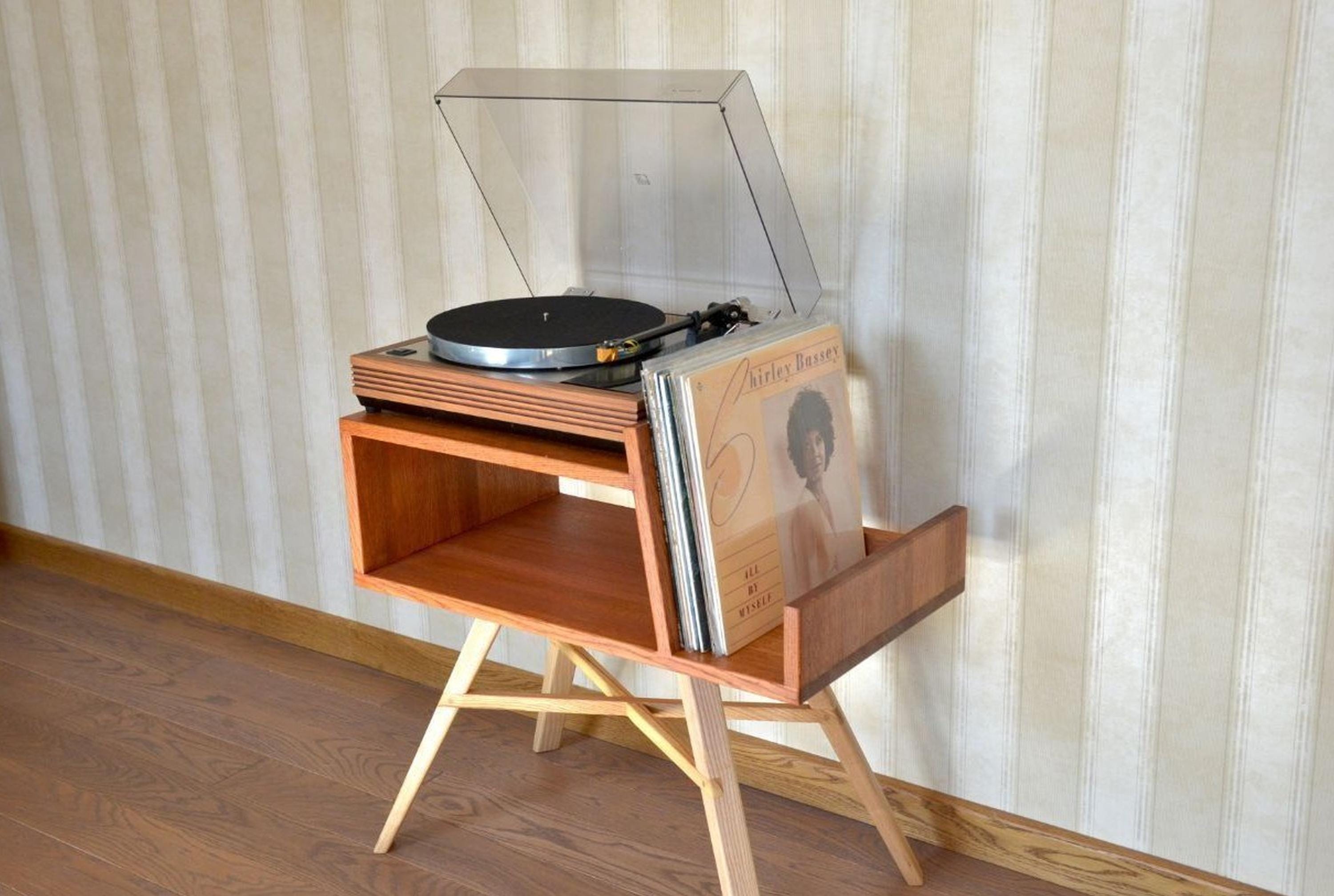 Vinyl Record Player Stand With Vinyl Storage in Mid Century Style