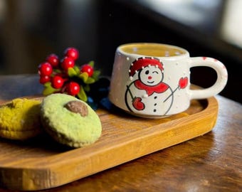 Taza de muñeco de nieve para Navidad, taza de café navideña, cerámica festiva hecha a mano, regalos de Navidad