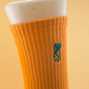 Embroidered Pineapple Crew Socks: Bright Orange Tropical Cotton Socks