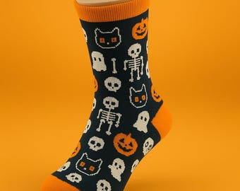 Halloween Crew Socks – Spooky Ghost, Pumpkin & Skull Design