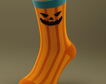 Halloween Pumpkin Face Crew Socks – Orange Striped Cotton Blend