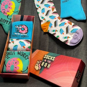 Donut Worry, Be Happy Socks 3 Pack Fun and Colorful Crew Socks - Quirky Gift Box for Men and Women - Food- Themed Novelty Socks - Father Day