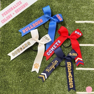 Cheer Game Day Long Tail Hair Bow, Personalized with your team colors and name. Collegiate style cheer bow.  Custom cheerleader ribbon bows.
