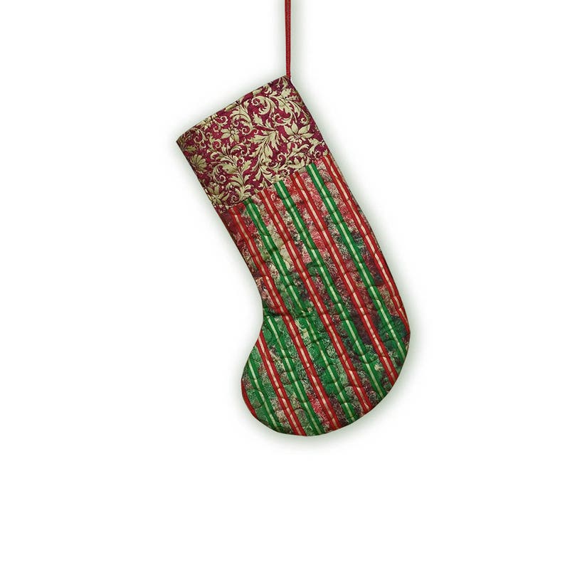 Christmas Stocking Handmade Quilted Red Green and Gold