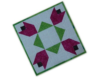 Small Summer Table Topper Quilted Patchwork Pieced Pink Florals