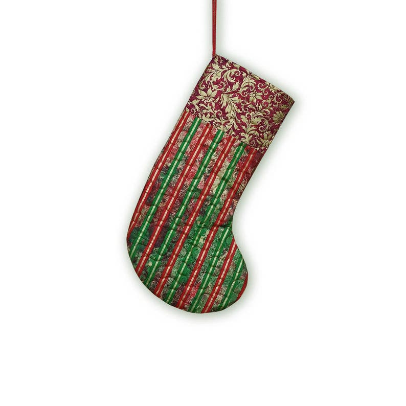 Christmas Stocking Handmade Quilted Red Green and Gold
