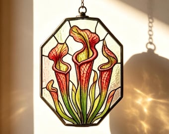 Atrapasueños de vidrieras con forma de planta carnívora, adorno para ventana hecho a mano, decoración bohemia única, regalo de cumpleaños para amantes de las plantas.