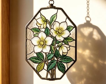Atrapasueños de vidrieras con rosas navideñas de heléboro, adorno floral hecho a mano para ventana, decoración bohemia tranquila, regalo para el Día de la Madre, regalo de cumpleaños para ella.