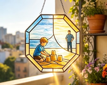 Atrapasueños de vidrieras con diseño de castillo de arena en la playa para padre e hijo, hecho a mano para colgar en la ventana en el Día del Padre, regalo sentimental para papá, decoración para guardar recuerdos familiares.