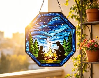 Atrapasueños de vitral para fogata de padre e hijo, adorno para ventana hecho a mano para el Día del Padre, regalo sentimental para papá, decoración para guardar recuerdos de campamento