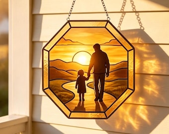 Atrapasueños de vidrieras con diseño de padre e hija al atardecer, hecho a mano para colgar en la ventana en el Día del Padre, regalo sentimental para papá, decoración para guardar recuerdos familiares.