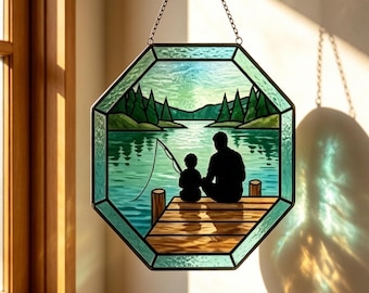 Atrapasueños de vitral con diseño de padre e hijo pescando, adorno para ventana hecho a mano para el Día del Padre, regalo sentimental para papá, decoración para guardar recuerdos del lago.