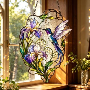 May include: Stained glass window panel featuring a hummingbird and iris flowers. The hummingbird has blue, purple, and white feathers, with a long beak reaching towards the purple iris. The panel is framed with a decorative border and hangs from a chain.