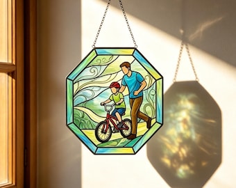 Atrapasueños de vitral con diseño de padre e hijo enseñando a andar en bicicleta, hecho a mano para colgar en la ventana en el Día del Padre, regalo sentimental para papá, decoración para guardar recuerdos de la infancia.