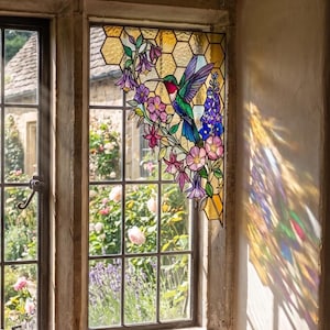 Hörnkolibri honungskaka solfångare, botanisk målat glas fönsterdekor, Cottagecore fågelälskare gåva hörndekor fönsterhörnhängande