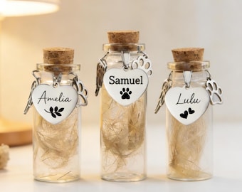 Frasco conmemorativo personalizado con pelo de mascota, recuerdo personalizado, recuerdo de la pérdida de un perro o gato.