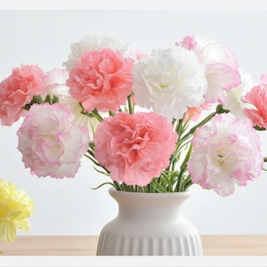 May include: A bouquet of artificial carnations in a white vase. The flowers are in shades of pink and white, with green stems. The vase is white and has a ribbed design.