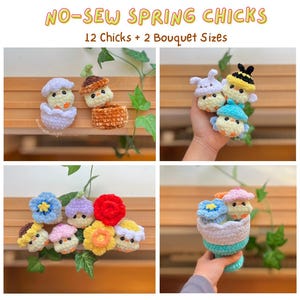 Może przedstawiać: Kolekcja szydełkowanych kurcząt w różnych kolorach i akcesoriach, w tym czapkach i skorupkach. Tekst brzmi NO-SEW SPRING CHICKS oraz 12 Chicks + 2 Bouquet Sizes. Te małe pluszowe figurki mają okrągłe korpusy, pomarańczowe dzioby i czarne oczy.