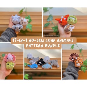 Könnte beinhalten: Eine Sammlung kleiner, gehäkelter Plüschtierfiguren in verschiedenen Farben und Formen, darunter Wale, Dinosaurier und Axolotls. Das Bild enthält den Text 17-IN-1 NO-SEW LOAF ANIMALS PATTERN BUNDLE und @mermadewithjoy und zeigt mehrere handgefertigte Spielzeuge.
