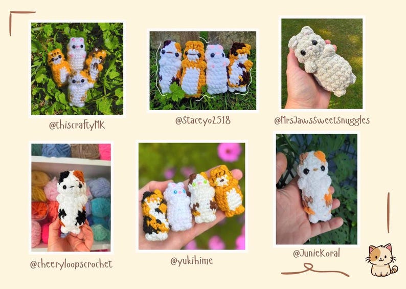 May include: Collection of handmade crochet cat plushies in various colors, including orange, white, black, and brown. Each plushie has unique markings and expressions. The image showcases several individual cat figures.