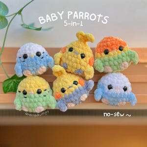 May include: Six small, round, crocheted plush toys shaped like baby parrots in various colors including blue, yellow, orange, and green. Each toy features black plastic eyes and small wings. The text BABY PARROTS 5-in-1 and no-sew are visible.