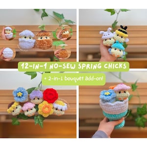 Op de afbeelding: Een collage van handgemaakte gehaakte lentekipjes in verschillende kleuren en stijlen. De afbeelding bevat de tekst: "12-IN-1 NO-SEW SPRING CHICKS + 2-in-1 bouquet add-on!" De kuikens worden in verschillende opstellingen getoond, waaronder een boeket.