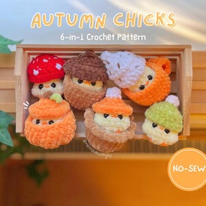 Op de afbeelding: Zes kleine gehaakte kuikentjes in een houten kistje, elk met een herfstachtig hoedje: een rode paddenstoel, bruine eikel, witte slagroom, oranje pompoen, bruine taart en groen mutsje. Tekst: AUTUMN CHICKS 6-in-1 Crochet Pattern NO-SEW.