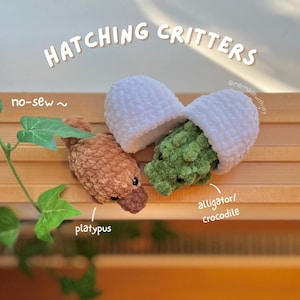 May include: Two small crocheted plush toys labeled HATCHING CRITTERS. One is a brown platypus and the other is a green alligator or crocodile emerging from a white crocheted egg shell. Text includes no-sew, platypus, and alligator/crocodile.