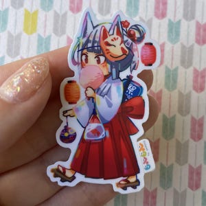 Omatsuri Kitsune girl laminated waterproof decor sticker cute fox girl anime kawaii Japanese festival  fox mask decal for waterbottle laptop