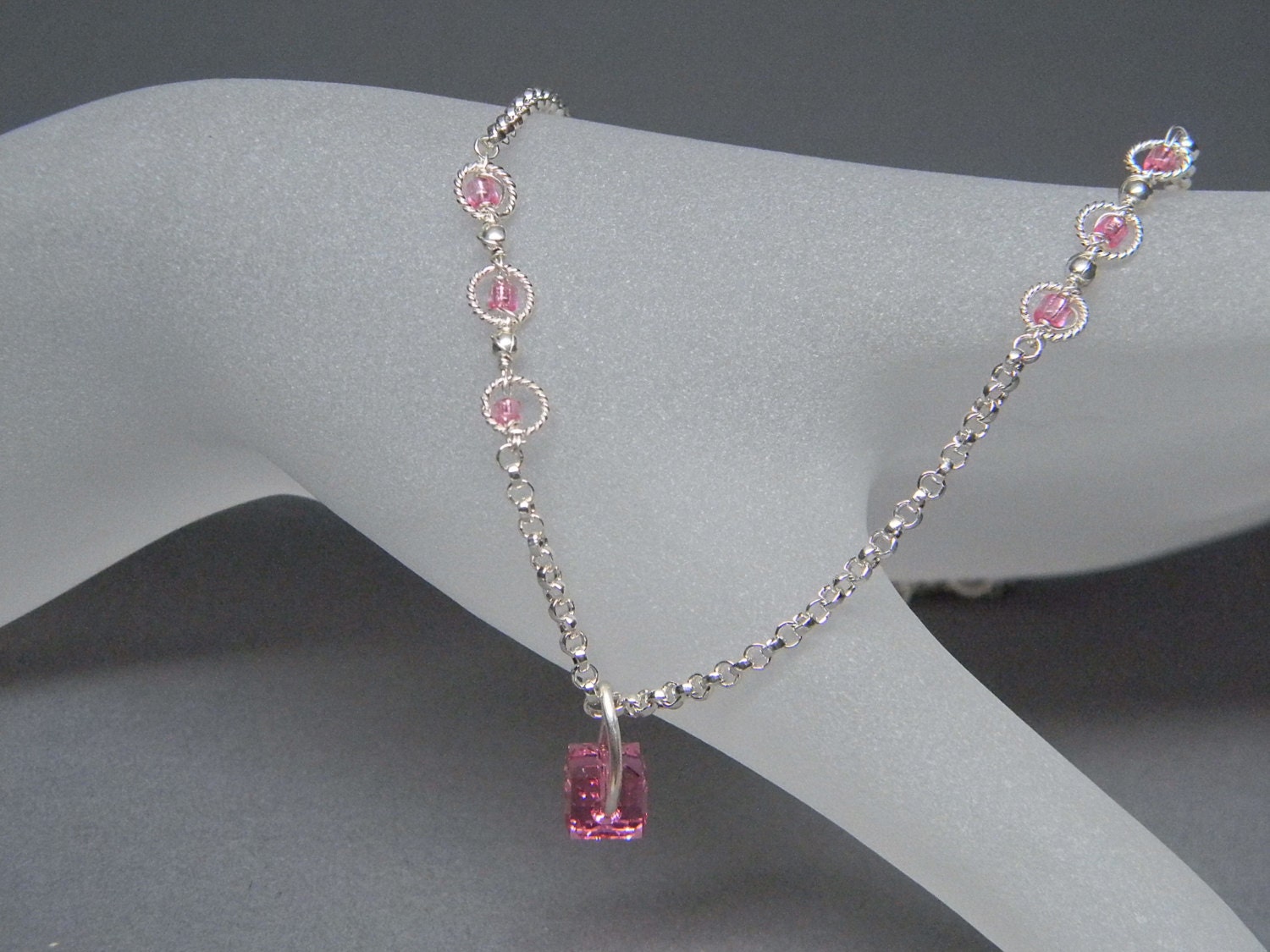 Sterling Silver Dark Pink Beads Heart Necklace 15