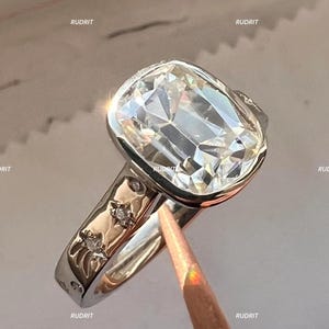 Elogated Cushion Moissanite Ring Bezel Set Cushion Ring 3.00 Ct Cushion Cut Moissanite Ring Wide Band Yellow Gold Diamond Ring Women Gift