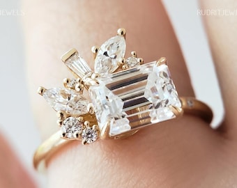 Emerald Cluster Moissanite Ring 2.50 Ctw East West Moissanite Wedding Ring Emerald Cut Moissanite Ring Yellow Gold Diamond Women Gift Ring