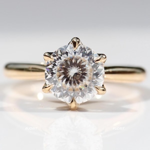 Anello con moissanite taglio portoghese rotondo da 2,00 ct, solitario, anello antico taglio portoghese rotondo, anello di fidanzamento in oro giallo 14k con diamanti, regalo