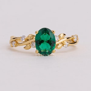 Oval Smaragd Verlobungsring Geschenk für Sie | Massivem Gold Weinblatt Ring | Im Labor gewachsener Diamant Natur inspirierter Vorschlag Ring
