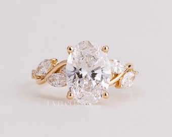 Oval Diamond Engagement Ring Gift for Her | Solid Gold Nature Inspired Ring | Floral Leaf Bridal Ring for Women | Unique Promise Ring