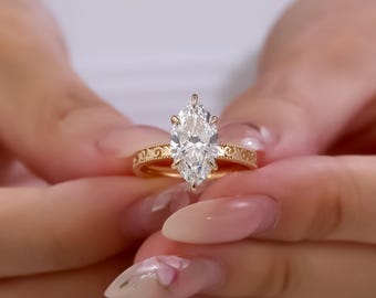 Marquise Lab Grown Diamond Engagement Ring Gift for Her | Solid Gold Vintage Floral Proposal Ring | Antique Inspired Bridal Ring ,Laelouris