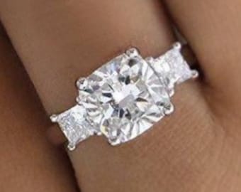 Cushion Cut Moissanite Ring Three Stone Moissanite Ring 2.50 Ctw Halo Diamond Ring White Gold Ring Gift For Her Anniversary Ring Women