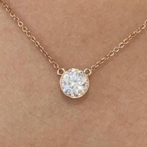 Round Cut Moissanite Necklace 1.50 Ct Bezel Set Bridle Necklace Solitaire Moissanite Women Gift Necklace Yellow Gold Diamond Necklace Women