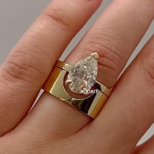 Thick Band Moissanite Pear Ring Solitaire Anniversary Ring 2.00 Ct Pear Cut Moissanite Ring Yellow Gold Diamond Ring Engagement Women Ring