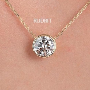 2.00 Ct Bezel Set Round Necklace Solitaire Moissanite Women Gift Necklace Round Cut Moissanite Necklcae Yellow Gold Diamond Necklace