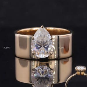 Solitaire Wide Band Moissanite Ring Pear Moissanite Ring 1.50 Ct Thick Band Pear Cut Moissanite Ring Women Fancy Diamond Ring For Gift