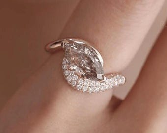 East West Marquise Cut Moissanite Ring 2.00 Ctw Champagne Moissanite Ring Yellow Gold Diamond Ring Engagement Moissanite Marquise Pave Ring